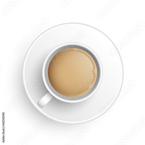 Realistic 3d cup of hot aromatic freshly brewed Indian Masala black tea with milk. A teacup with saucer top view isolated on white background. Vector illustration for web, design, menu, app