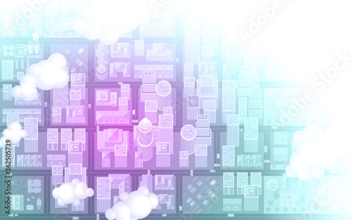 Vector illustration. Cityscape top view. City landscape with houses, buildings, streets, roads. View from above. 