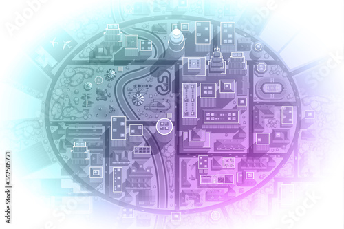 Vector illustration. Cityscape top view. City landscape with houses, buildings, streets, roads. View from above. 