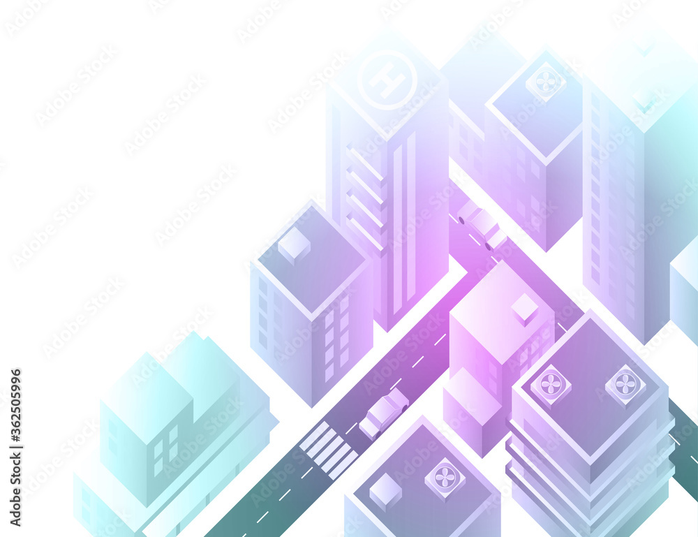 Vector illustration. Isometric city landscape. Buildings, houses, offices, roads, cars. Isometric view from above.