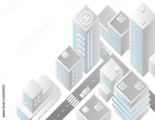 Vector illustration. Isometric city landscape. Buildings  houses  offices  roads  cars. Isometric view from above.