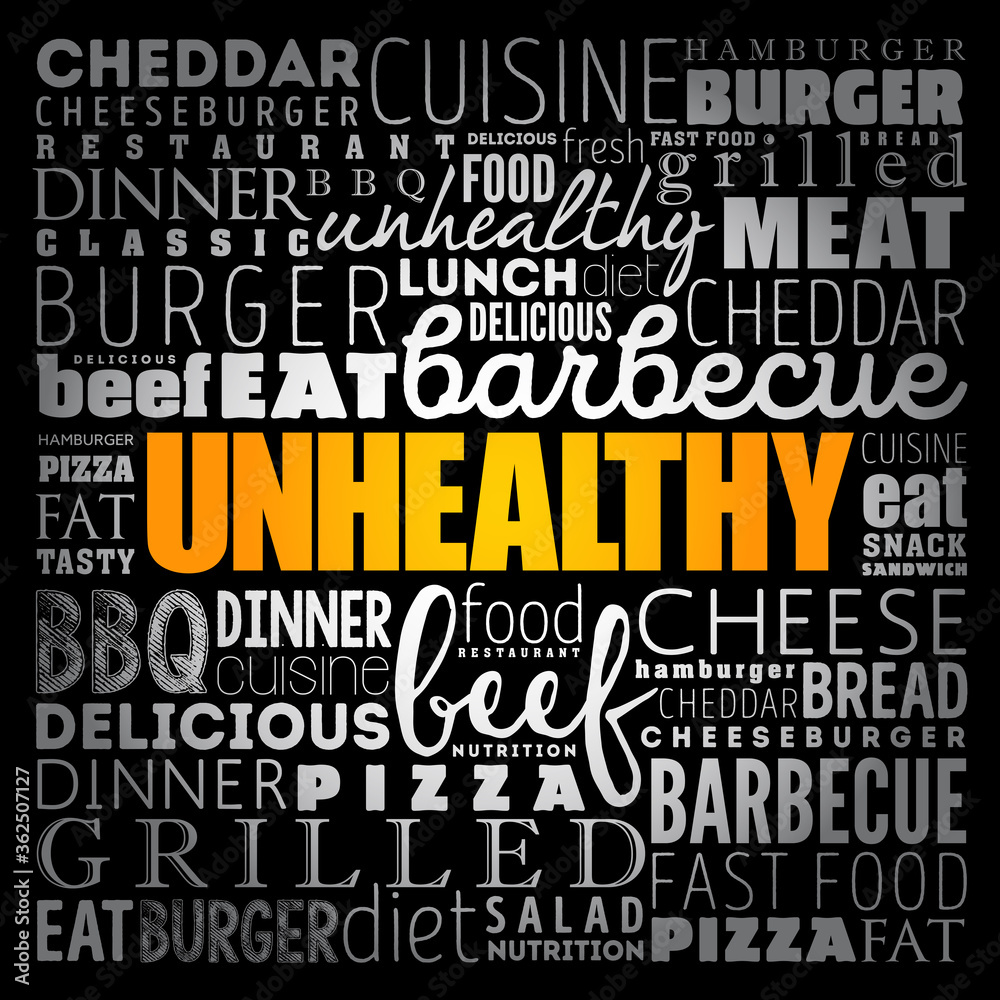 Obraz premium UNHEALTHY word cloud collage, fast food concept background
