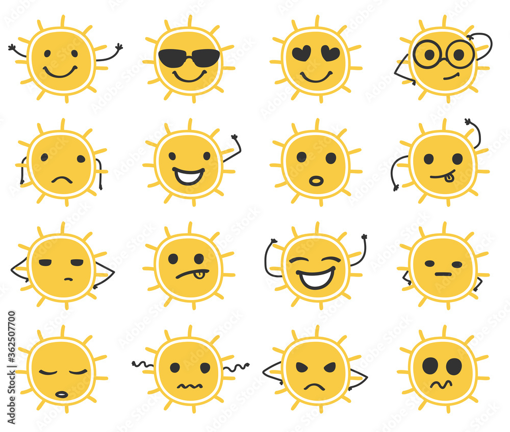 Cartoon sun character icon collection.Vector  illustration of sun cartoon character emoji set.