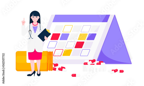 Medicine schedule or medical reminder planner flat style design vector illustration with date calendar, doctor and pill bottle isolated on white background. Health care appointment service.