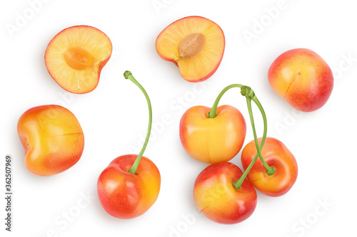 yellow-red sweet cherry isolated on white background with clipping path . Top view. Flat lay