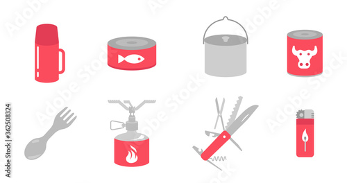Camping kitchen set. Cookhouse traveling equipment kit. Outdoors tourist picnic. Flat vector colour illustration.