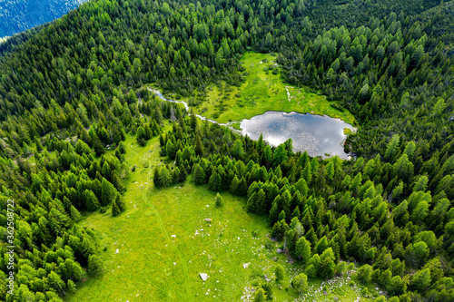 Valmalenco, Italy, aerial view of the pond at Alpe Entova photo