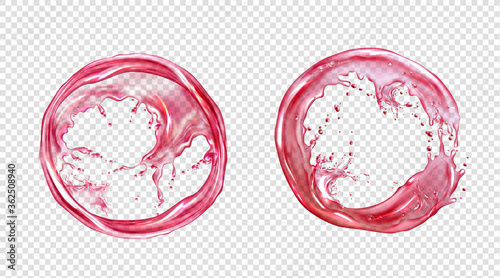 Circle splash of juice or pink water isolated on transparent background. Vector realistic set of liquid round flow of clear red drink, strawberry or berry juice, rose wine