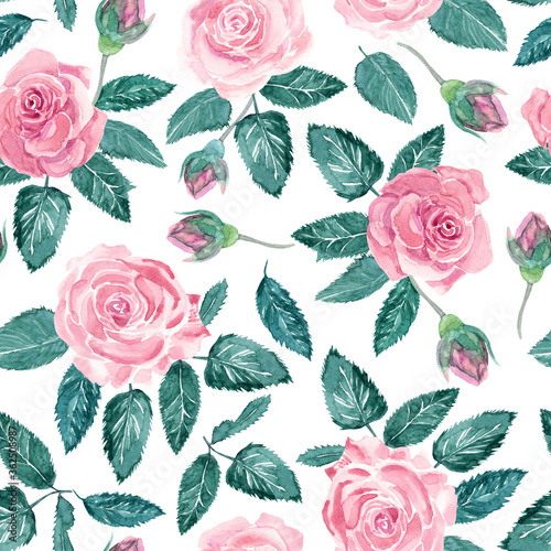 Watercolor seamless pattern with leaves  roses and flower buds on white background. Beautiful textile print. Great for fabrics  wrapping papers  wallpapers  linens.