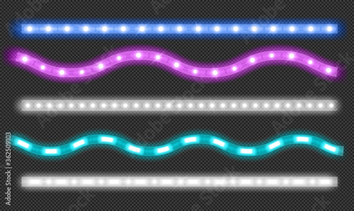 Led strips with neon light effect isolated on transparent background. Vector realistic set of colored light stripes and wavy glowing tape with blue and white lamp and diode bulbes
