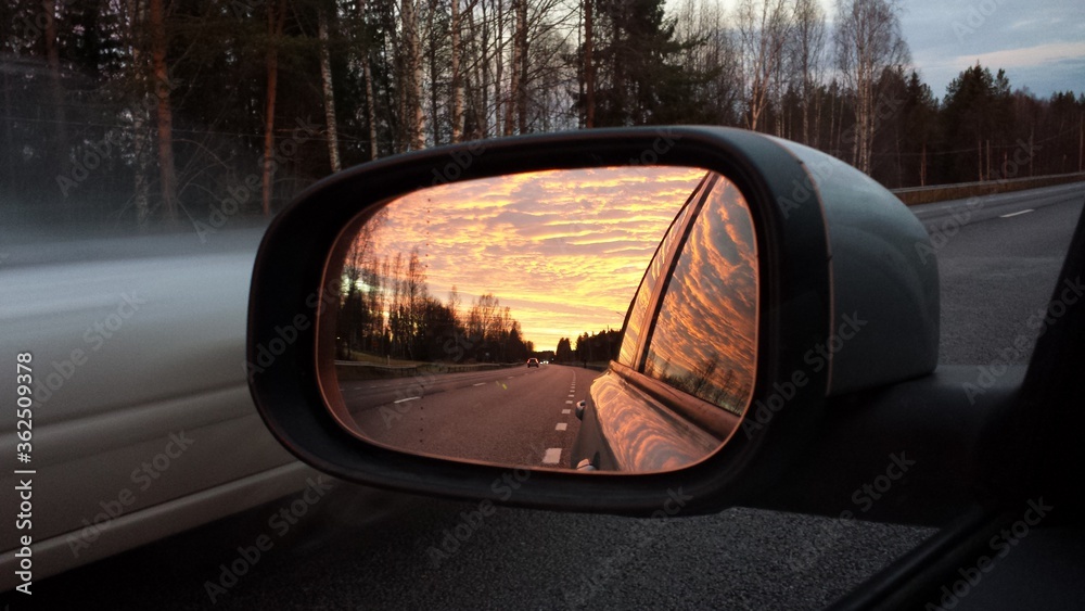 rearview car driving mirror view forest road