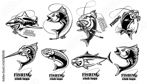 Fishing set of ocean fish. Marlin. Sword fish. Piranha. Sea bass. Shark. Tuna. Wahoo. Marine theme. Ocean fishing background. Logos for fishing club.