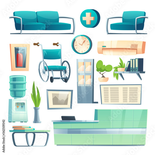 Hospital corridor interior, medical clinic hall. Vector cartoon set of chair, counter, door, water cooler in waiting hallway in hospital. Conditioner, bench and wheelchair isolated on white background