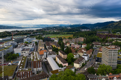 Aerial view of zurich with lake on a cloudy summer day
