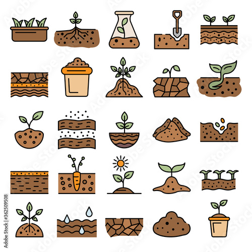 Soil ground icons set. Outline set of soil ground vector icons thin line color flat on white