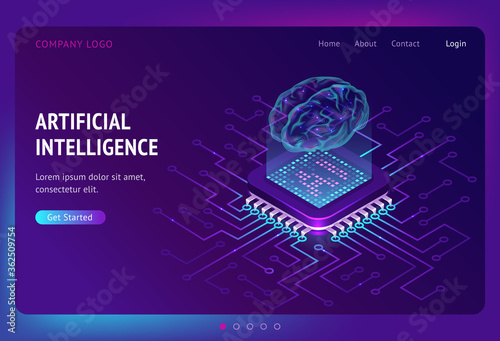 Artificial intelligence isometric landing page, ai technologies, glowing human brain levitate on antigravity platform with microcircuits on neon glowing futuristic background, 3d vector web banner