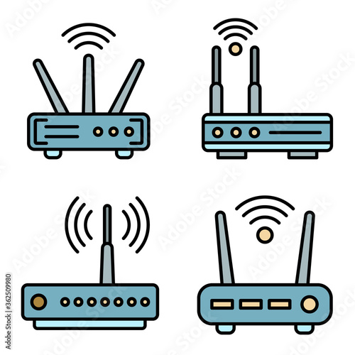 Router icons set. Outline set of router vector icons thin line color flat on white