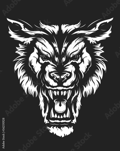 Fototapeta Naklejka Na Ścianę i Meble -  Wolf face vector illustration. Angry wolf face with open mouth showing canine. Angry dog emblem.