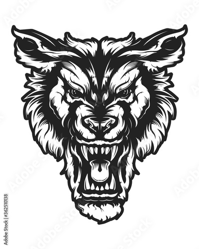 Wolf face vector illustration. Angry wolf face with open mouth showing canine. Angry dog emblem.