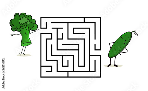 Square maze labyrinth with cartoon characters. Cute broccoli and cucumber. Interesting game for children. Worksheet for education. Illustration isolated on white background.