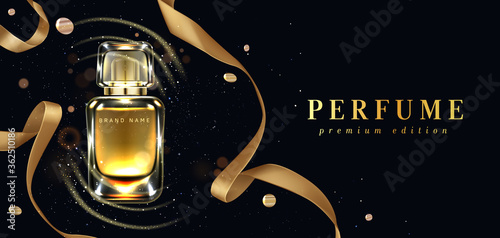 Perfume bottle with gold ribbons on black background with confetti and glowing sparkles. Scent glass tube package design. Women fragrance cosmetic product, promo poster. Realistic 3d vector ad banner photo