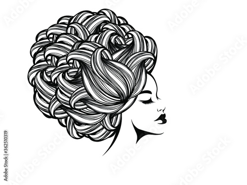 Hair salon and beauty studio logo.Beautiful woman with curly, Afro hairstyle and elegant makeup.Cosmetics and spa icon.Profile view portrait.Young lady face.