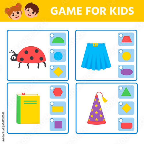 Educational worksheet for children. Game for Kids. Match of geometric figures and objects. Triangle, square, circle, rectangle. Worksheet for kids learning forms. Logic puzzle game