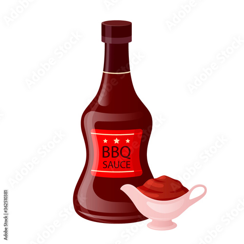Barbecue sauce in bottle with bowl cup. Bbq condiment in sauceboat in cartoon style. Fast food packaging template isolated on white background, vector illustration.