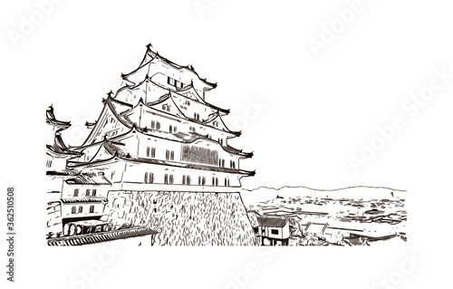 Building view with landmark of Himeji Castle is a hilltop Japanese castle complex situated in the city of Himeji. Hand drawn sketch illustration in vector.