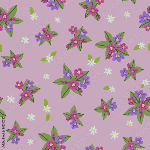 Forest vector seamless pattern in the kind of flowers. Lilac and purple flowers of the Lungwort and small white flowers and green leaves. Printing with in hand drawn style on a light lilac background