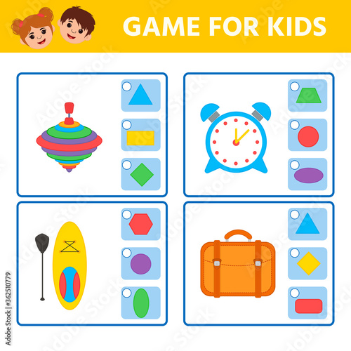 Educational worksheet for children. Game for Kids. Match of geometric figures and objects. Triangle, square, circle, rectangle. Worksheet for kids learning forms. Logic puzzle game