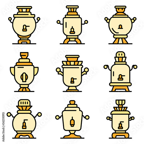Samovar icons set. Outline set of samovar vector icons thin line color flat on white