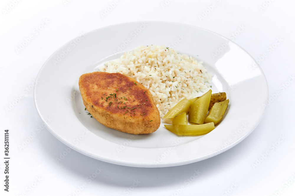 cutlet with rice on white plate cutlet with rice on white plate