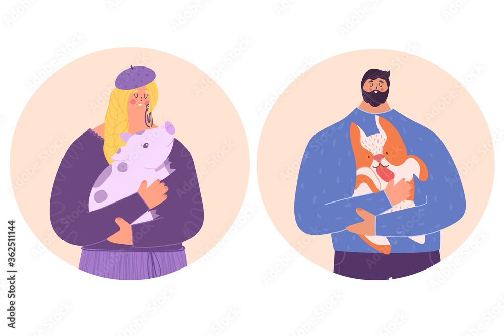 People care for animals. A woman holds a small pig in her arms. A man holds a dog in his arms. Vector illustration. People care for animals. A woman holds a small pig in her arms. A man holds a dog in his arms. Vector illustration.