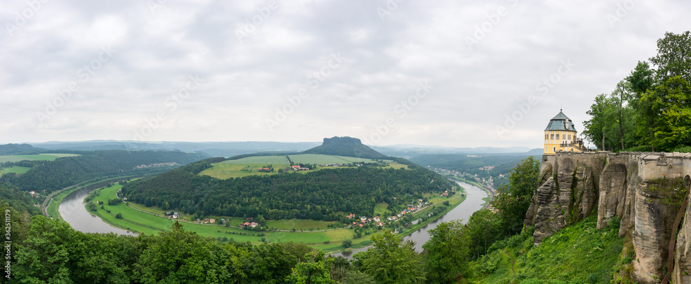 Panoramic view at the Elbe river from the Fortress Koenigstein in Saxony, Germany