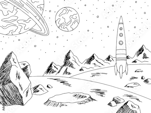 Rocket landed alien planet graphic black white space landscape sketch illustration vector