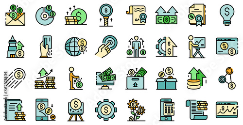 Investor icons set. Outline set of investor vector icons thin line color flat on white