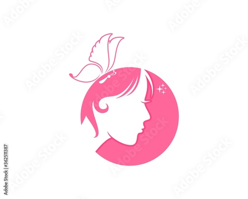 Woman face inside the circle with butterfly on top