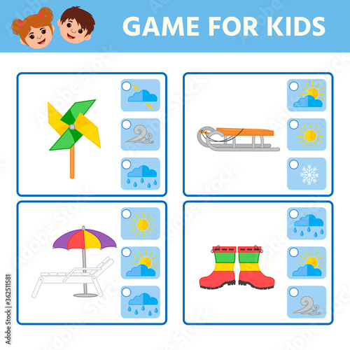 Educational worksheet for children. Game for Kids. Find matching item. weather. Activity  Worksheet for kids learning forms. Logic puzzle game. Vector illustration