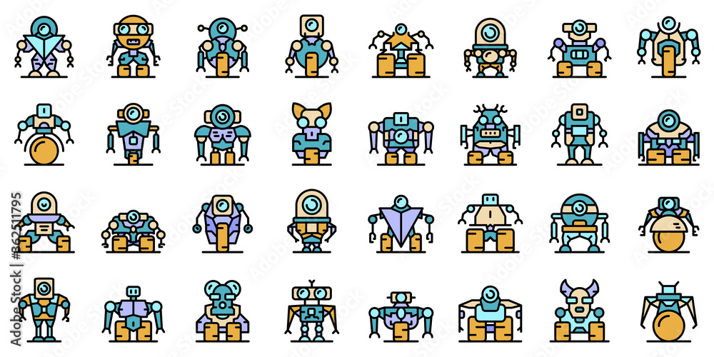Robot-transformer icons set. Outline set of robot-transformer vector icons thin line color flat on white Robot-transformer icons set. Outline set of robot-transformer vector icons thin line color flat on white