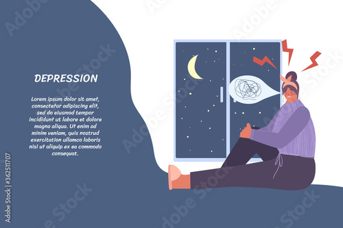 Sad woman is sitting near the window. Depression concept. Vector illustration with place for your text.