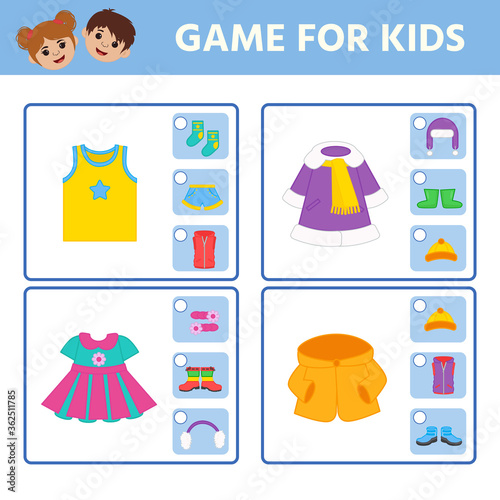 Educational worksheet for children. Game for Kids. Find matching item. clothes. Activity  Worksheet for kids learning forms. Logic puzzle game. Vector illustration