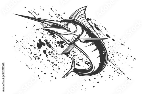 Marlin fish logo.Sword fish fishing emblem for sport club. Angry marlin fishing background theme vector illustration.