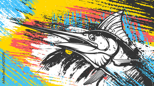 Marlin fish logo.Sword fish fishing emblem for sport club. Angry marlin fishing background theme vector illustration.