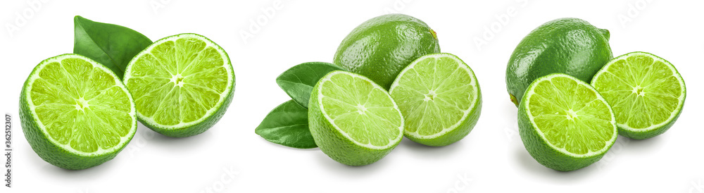 lime with half and leaf isolated on white background. Set or collection lime with half and leaf isolated on white background. Set or collection