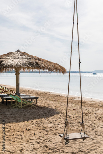 Beach Umbrella and Sunbed  Koh Mak Beach  Koh Mak island  Thailand.