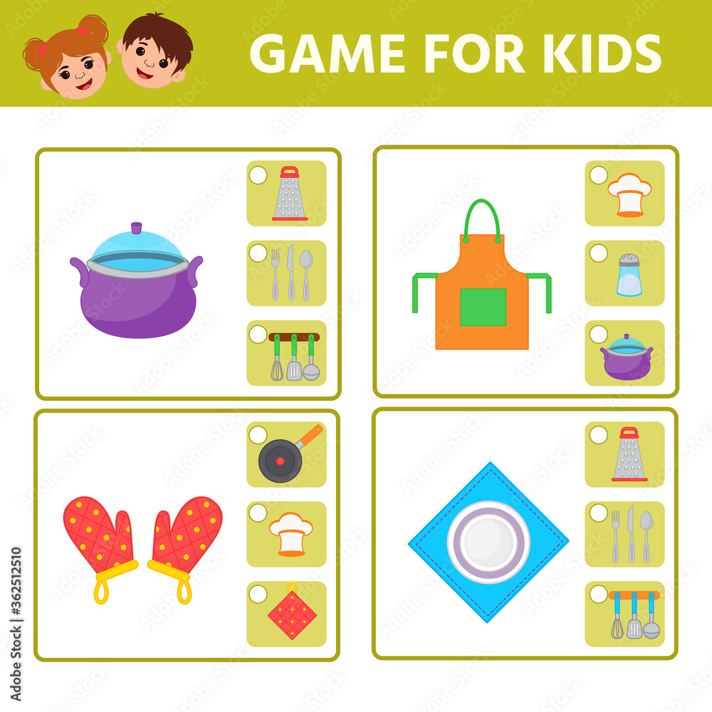 Educational worksheet for children. Game for Kids. Find matching item. Kitchen utensils