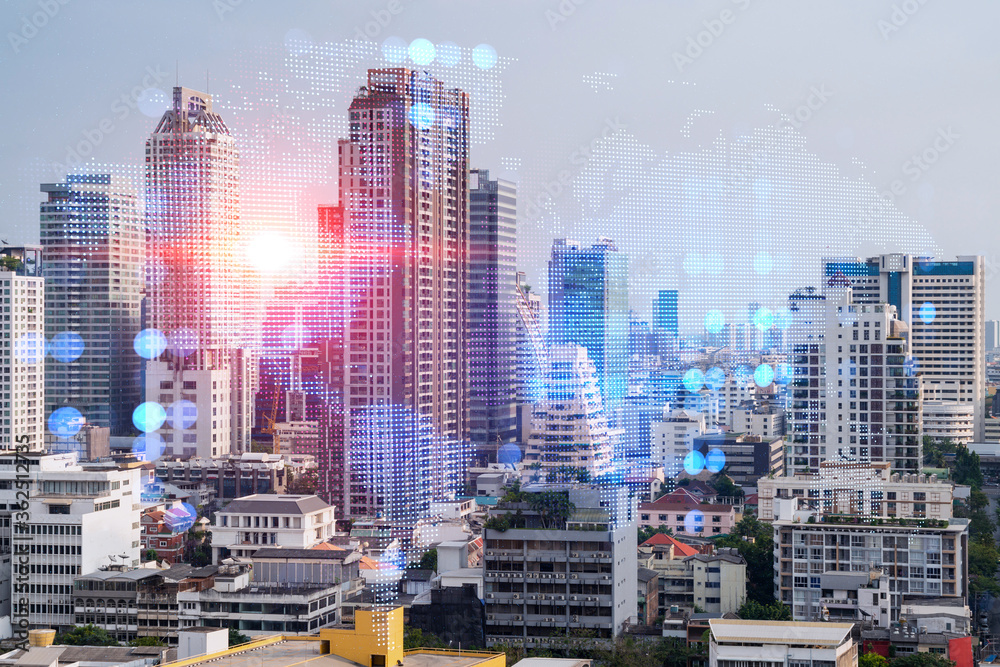 Fototapeta premium World planet Earth map hologram over panorama city view of Bangkok, Asia. The concept of international connections and business. Multi Exposure.
