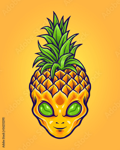 Alien Pineapple Mascot Logo Summer Illustrations for merchandise T-shirt and Sticker 