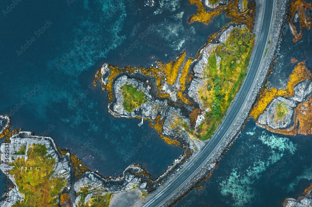 Atlantic road and ocean in Norway aerial view travel beautiful destinations top down drone scenery from above - obrazy, fototapety, plakaty 